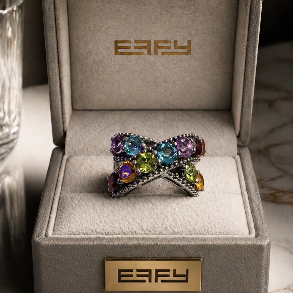 Effy 925 Sterling silver Multicolor Gemstone X-Crossover Ring Sz 7/NEW/Gift